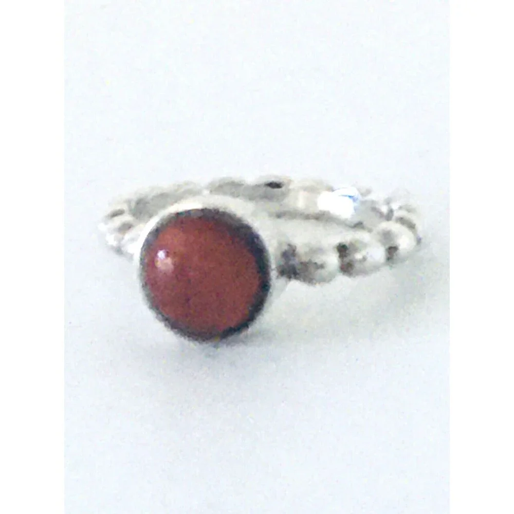 Signed Bezel Set Natural Red Coral  Sterling Silver Bead Band Ring Size 7.5